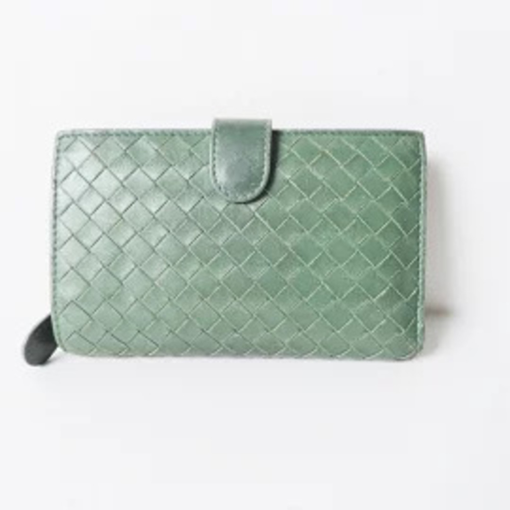 BOTTEGA VENETA Intrecciato Bi fold Wallet Round Zipper Dark Green Leather